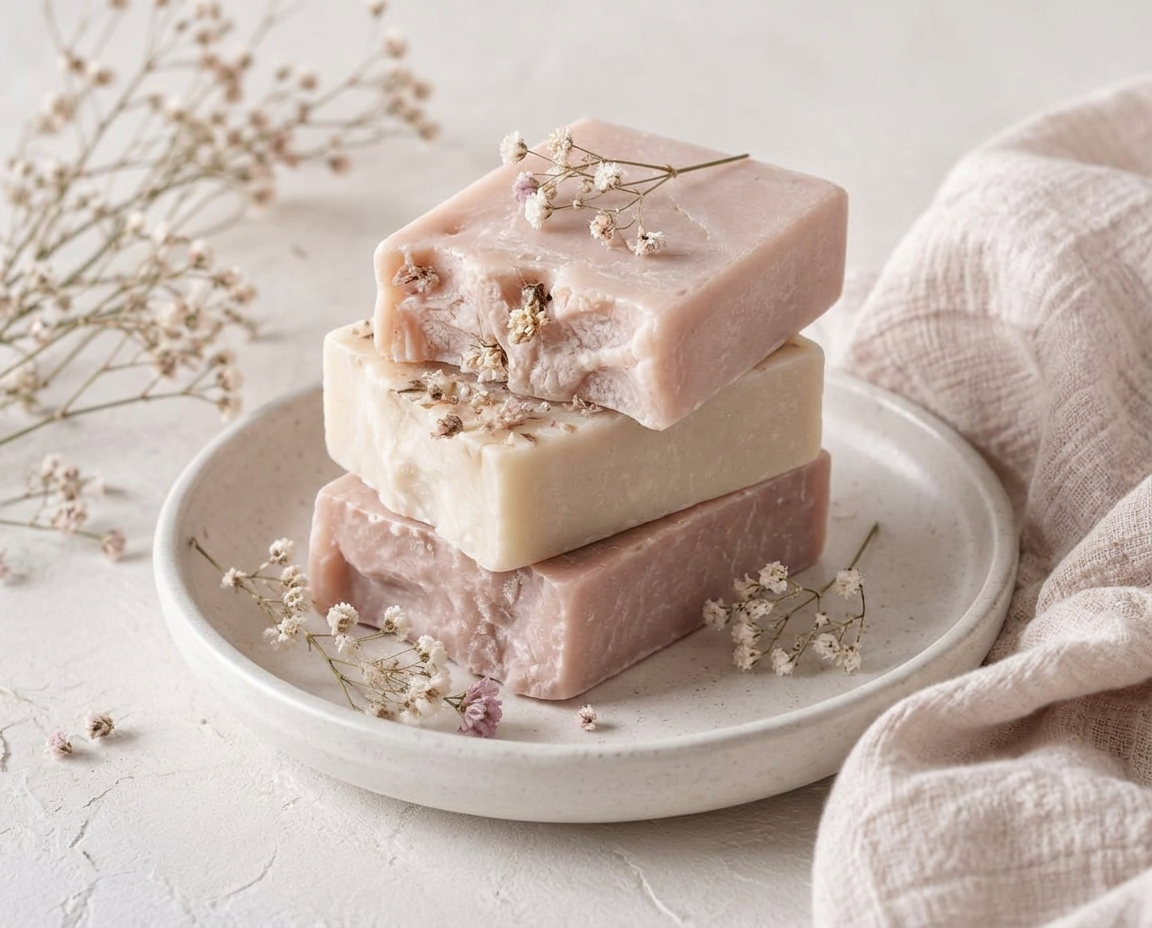Sabonetes artesanais em tons naturais e rosa suave, sobre uma taça de cerâmica